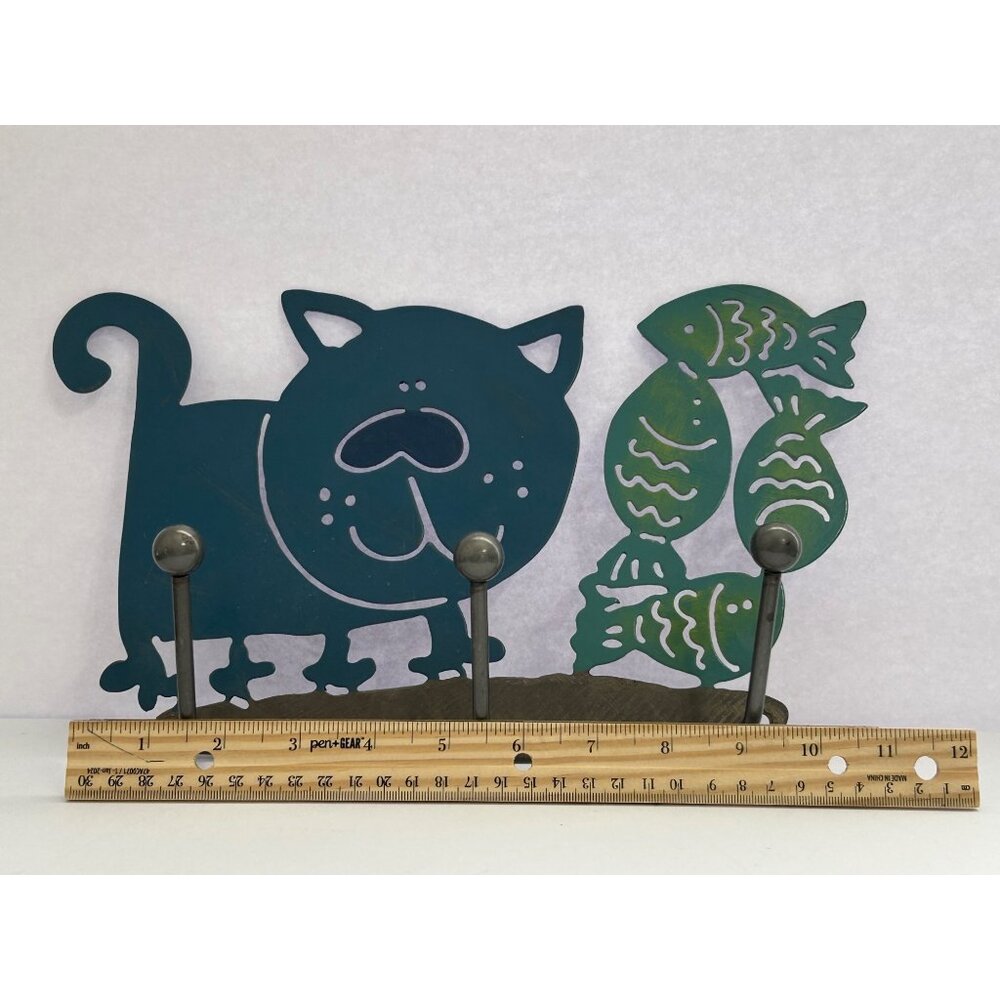 Kitty Cat & Fish Metal Wall Hook Decor Key Pet Leash Towel Hat Holder Whimsical - Picture 4 of 6